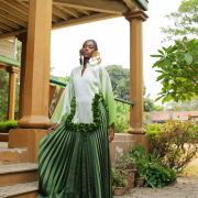 The perfect blend of structure and fluidity, this green ombré dress with pleats down and floral appliqués is the perfect statement piece.