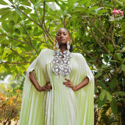 Pleated organza dress adorned with hand-beaded stone flower embellishments