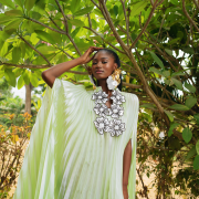 Pleated organza dress adorned with hand-beaded stone flower embellishments