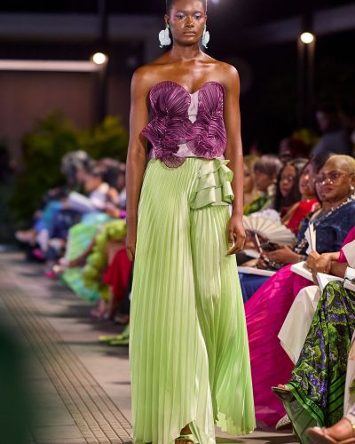 THE DISCUS BUSTIER & THE PLEATED LOGO PANT WITH SIDE FRILLS